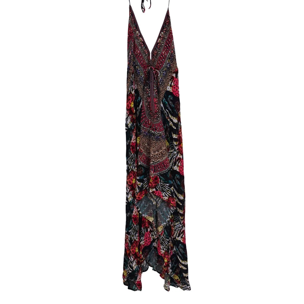 Boho Hand Embellished Silk Viscose Halter Hi Low Maxi Dress Floral Animal Print